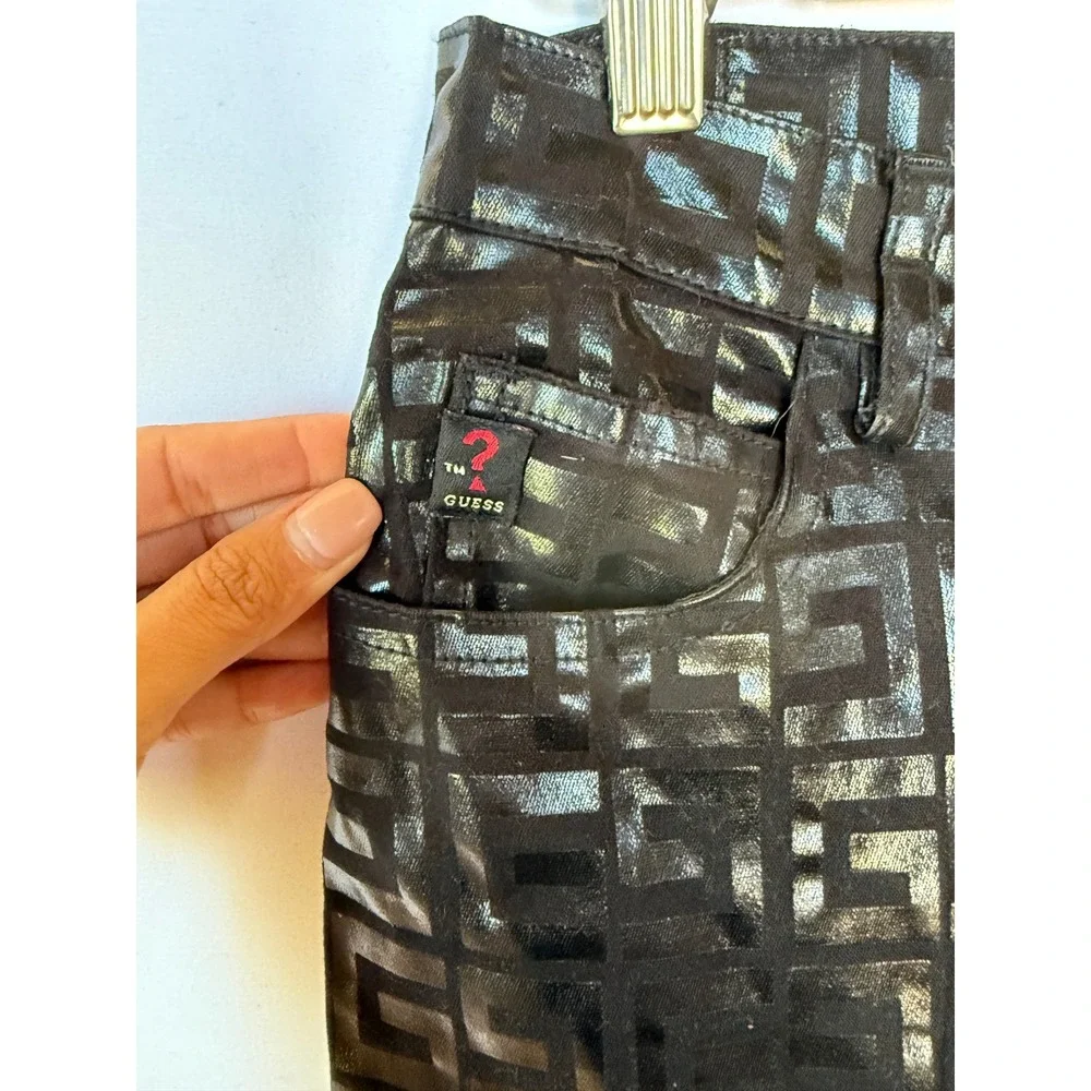 Y2K Vintage Guess Jeans Glamour Monogram Pants Women's Size 27 Black Metallic‎ G